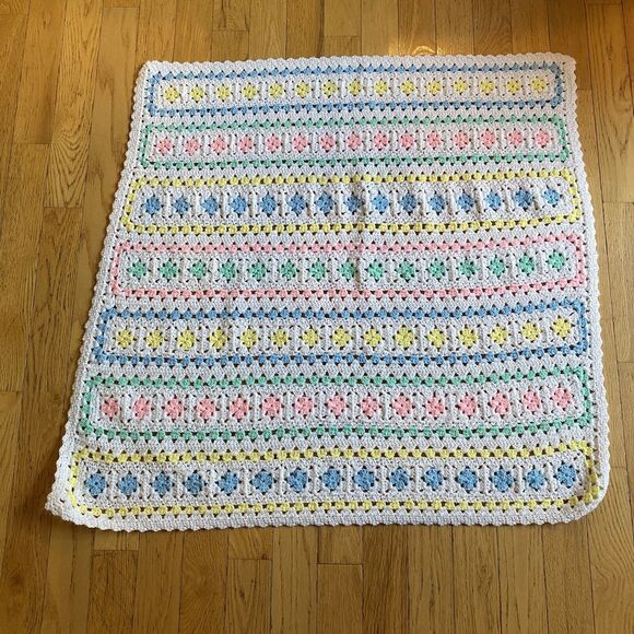 Handmade Other - Crochet 41" X 40" White Pastel Pink Blue Yellow Green Lap Crib Baby Blanket